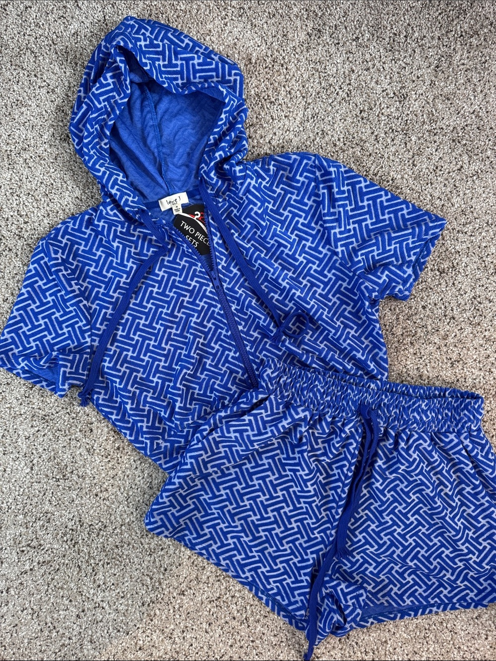 Love J USA Blue Hooded Short Lounge Set with Textured Fabric